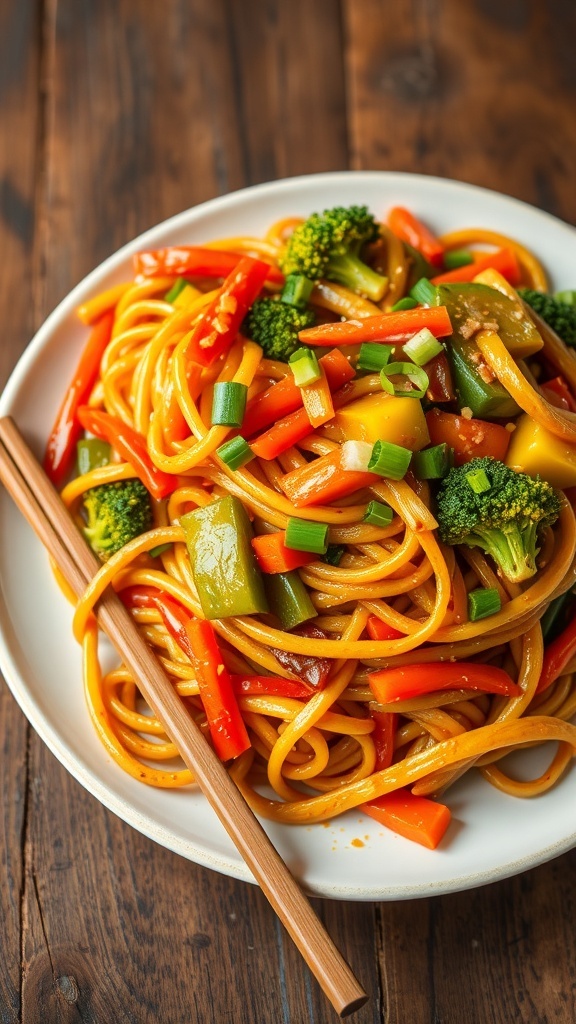 A plate of stir-fried noodles with vegetables, garnished with green onions, on a wooden table with chopsticks.